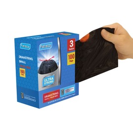 Feisco 3 Gallon Black Trash Bag,Small Drawstring Garbage Bag Trash Can Liner,100 Counts,0.55 Mil
