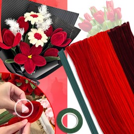 URSDIART 311pcs Pipe Cleaners Flowers Kit,300pcs Red Pipe Cleaners Crafts Chenille Stems Bulk 10 Flower Stems Green Tape, Art and Craft Projects Supplies for Flowers, Classroom Project,Decoration