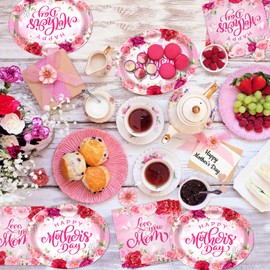 CMUSKO 100Pcs Mother's Day Plates and Napkins, Oval Mothers Day Paper Plates and Napkins Pink Flowers Love You Mom Dinner Plate and Napkin for Happy Mother's Day Party Decorations, Serve 50