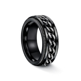 FIBO STEEL Stainless Steel Fidget Mens Rings - Spinner Ring for Men Women Anxiety Rings Chain Black Wedding Band 8mm Black Size 8.5