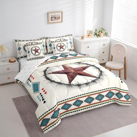 jejeloiu Western Decor Comforter Set with Sheets King Size Boho Bed in a Bag Set for Boys Girls Teens Texas Star Print 7 Pieces Bedding Set Retro Exotic Boho Bed Set Room Decor Off-White
