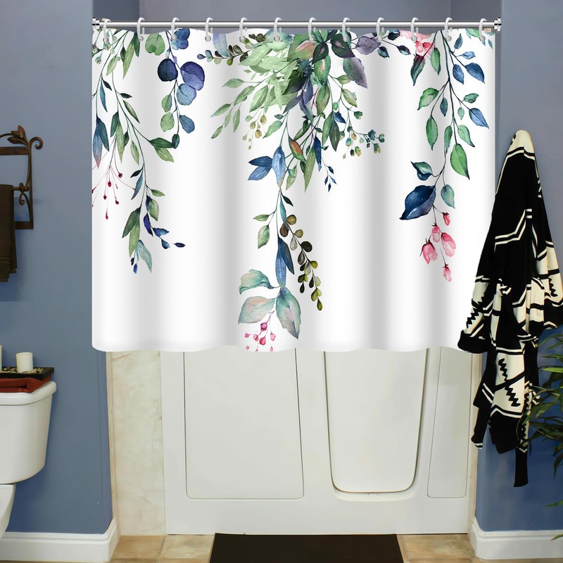 Ruelvth Short Shower Curtain, Waterproof Spring Green and Blue Eucalyptus