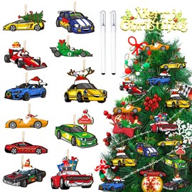 36 Pcs Christmas Ornaments Racing Car Wooden Christmas Tree Decoration DIY Car Crafts Farmhouse with 2 Markers Hanging Ornament Vintage Xmas for Christmas Holiday Party Supplies (Novel Style)
