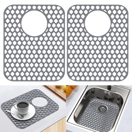 2 Pack Silicone Sink Protector for Kitchen Sink Bathroom, 13.58" x 11.6" Heat-resistant Sink Mat Non-Slip and Durable Silicone Protectors, Rear Drain, Gray