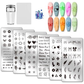 PH PandaHall 6pcs Bow Flower Nail Stamping Plates Heart Star Print Nail Stencils Word Sea Animals Manicure Art Templates Geometric Lines Patterns Nails Art Stencils for Women Manicures Salon Design