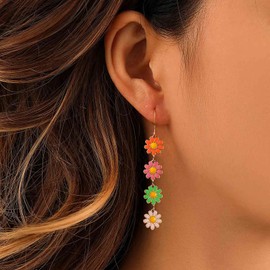 Inilbran Boho Sunflower Earrings Colorful Daisy Flower Long Tassel Earrings Long Flowers Daisy Earrings Vintage Sunflower Daisy Earrings Jewelry for Women and Teen Girls