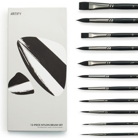 ARTIFY Set 12 Pinceles Acuarela Nylon para Acrílico Óleo y Gouache | Sin Pérdida de Pelo, Alta Absorción de Agua, Virola de Doble Fijación Incluye Pin