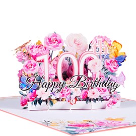 3D Birthday Card for 100th Birthday, Pop Up Card for Age of Age Birthday Party, Flowers Pink, Happy Birthday Greeting Cards, Anniversary Card, Folding Card, with Message Card and Envelope