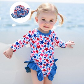 Smrtctuebb 4Th of July Girls Swimsuit Rash Guard Swimwear One-Piece Toddler Bathing Suit Ruffle Beachwear+Hat (US, Age, 12 Months, Swimsuit Color A)