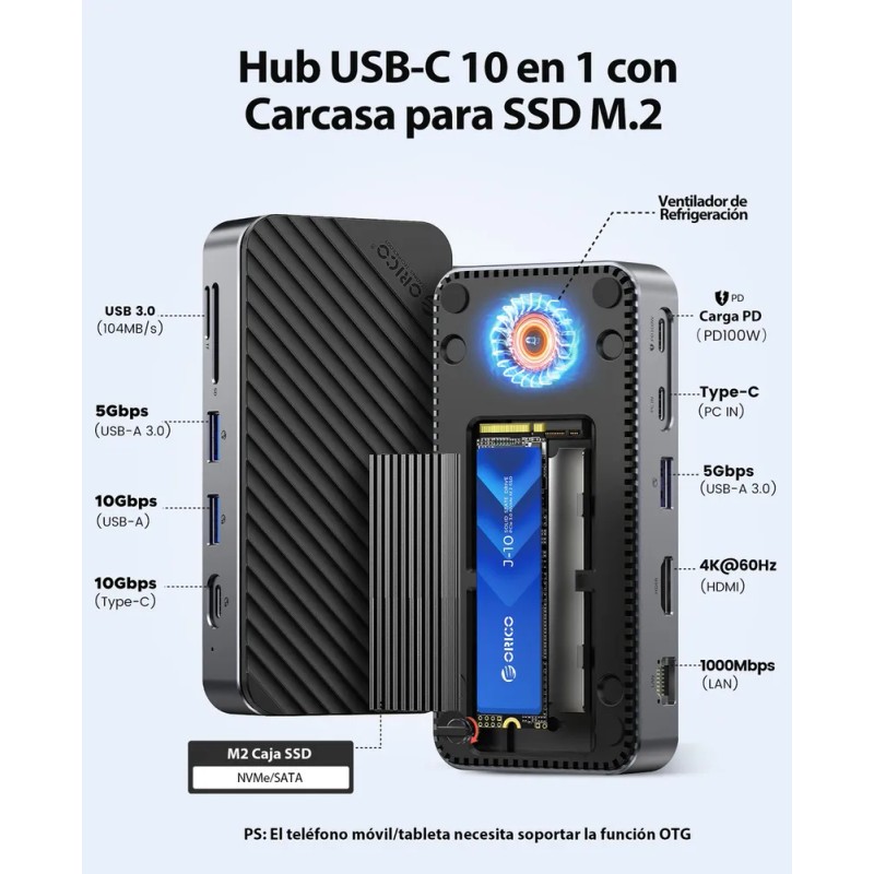 Orico Hub USB-C 10 en 1 con Carcasa SSD M.2