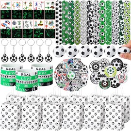 Aoriher 194 Pcs Soccer Party Favor Bulk Sport Birthday Party Gift Soccer Goodie Bag Filler Mini Soccer Ball Toy Silicone Bracelet Soccer Tattoo Sticker Soccer Slap Bracelet Keychain Button Pin