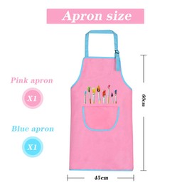 Children's Painting Apron, 2 Piece Children's Apron Set with Pockets, Cooking Apron Children Boys Girls, Adjustable Toddler Cooking Apron for Crafts, Painting, Baking, Cooking, Pink and Blue (8-12