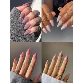 96pcs(4 Color)Long Almond Glossy Acrylic Press On Nails Long Nails Design Perfect Fit False Nails Set, Include: 1pcs Jelly Glue And 1pcs Nail File, For Woman & Girl Daily Wear Rave Party Use (Multicolor-2)