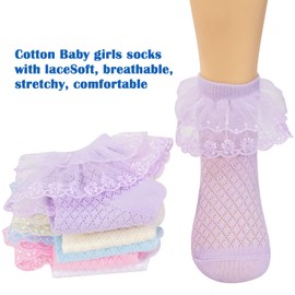 Looching 5 Pairs Toddler Baby Girls Ruffle Lace Trim Socks - White/Pink/Multicolor - Size 7-13T - Ankle Socks - Princess Style - Girls - Cotton - 5 Count