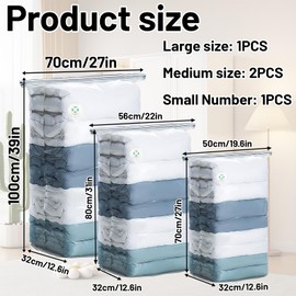 Vacuum Sealer Bags for Clothes 4-Pack Compression Storage Set with Zipper Closure, 3D Structured Space Saver Bags in Large 100x70x32cm, Medium 80x56x32cm, and Small 70x50x32cm, for Closet an