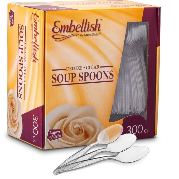 Embellish Crystal Clear Disposable Plastic Spoons Set (300 Soup Spoons) | Heavy Duty Plastic Spoons Bulk Set For Weddings, Catering, Parties, Buffets, Cafes, Events & Everyday Use At Home Or On The Go