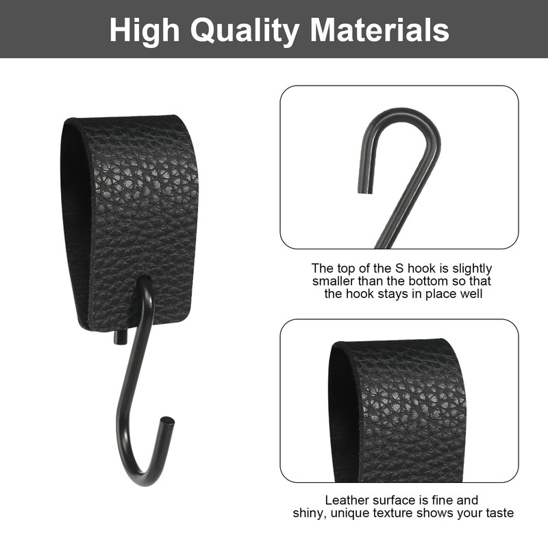 BELIHOME S Hooks Black with Leather Loop, Pack of 5
