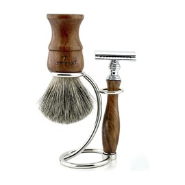 Haryali London Men's Wooden Shaving Set with Double Sided Safety Razor, Super Badger Brush and Curved Stand, Perfect Christmas Set for Men