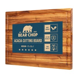 Bearchop Acacia Wood Cutting Boards for Kitchen, [17" x 13" x 1"] Medium Edge Grain Cutting Boards, Solid Wood Butcher Block Cutting Board with Juice Grooves and Handle, Knife Friendly and Revisible