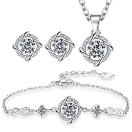 Ladies Hypoallergenic Silver Plated Jewellery - AAA Cubic Zirconia Crystals - Matching Trio, Adjustable Necklace, Bracelet and Stud Earrings, 45cm Chain - Plus Gift Box.