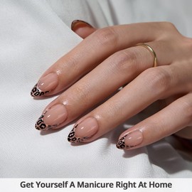 BTArtbox Press On Nails Short - Lamp-Curable Leopard French Nails Almond Nails for Sticking with Glue for Women, Semi-Transparent Nail Tips in 16 Sizes - 32 Pieces On Gel Nails Set, Wild Cheetah