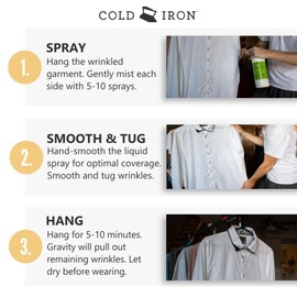 Cold Iron Wrinkle Release Spray for Clothes. 32 fl oz. Unscented/Fragrance Free. Plant Based Ironing Alternative. Fast, Easy to Use. Spray, Smooth, Hang. Award Winning Formula to Save You Time