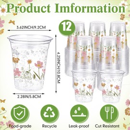 Jingmore 100 Pcs Boho Flower Plastic Cups 12 oz Spring Summer Floral Wildflowers Disposable Clear Plastic Drinking Cups for Floral Summer Spring Birthday Baby Shower Party Decorations Supplies