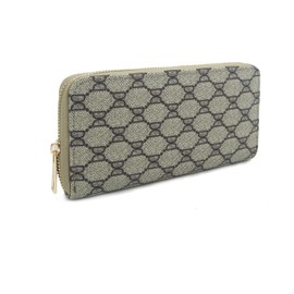 Le Miel Women's Signature Faux Vegan Leather Wallet Chic Monogrammed Diamond Patterned Zip Around Wallet (DD1W, Coffee)