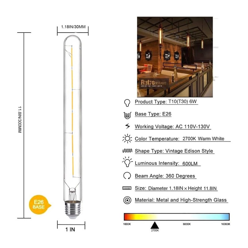 YFXRLIGHT Dimmable T10 led Long Bulb 6W Equal 60 watt