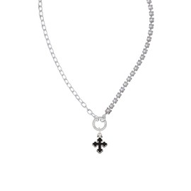 Delight Jewelry Silvertone Small Black Enamel Botonee Cross Stronger Braver Smarter Mixed Cable and Imitation Pearl Chain Choker Necklace, 14.75-17"