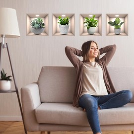 Plant Wall Stickers, 4pcs Realistic Green Potted Plant Waterproof Wall Art Stickers 3D Vinyl Removable Wall Sticker for Living Room Bedroom Bathroom Kitchen Office Decor