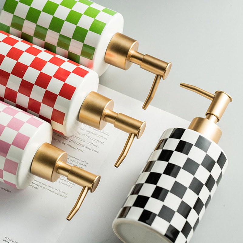 Queen-b Soap Dispenser, Checkered Pattern, Stylish, Cute, Bathroom, Manual, Liquid