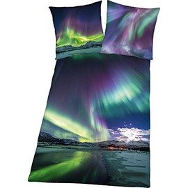 Herding Young Collection Bedding Set, Polar Lights Reversible Motif, Pillowcase 80 x 80 cm, Duvet Cover 135 x 200 cm, with Smooth Zip, Cotton/Renforcé