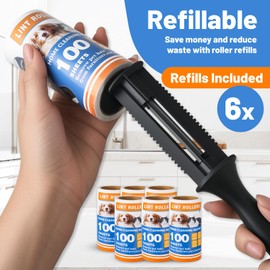 Lint Roller for Pet Hair Extra Sticky - Reusable Fur Remover for Clothes, Furniture, Laundry, Car Seats | Heavy Duty Pet Hair Remover with 600 Adhesive Sheets (6 Pack)