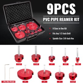 9Pcs Pipe Reamer Tool Kit PVC Fitting Saver Includes 1/2", 3/4", 1", 1-1/4", 1-1/2", 2", 2-1/2", 3", 4" Reamers, Aluminum Reed Socket Saver Kit for PVC, CPVC and ABS Plumbing, Fits Standard 1/2" Drill