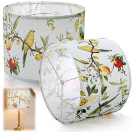 ELFULLY 2 Pack Round Drum Lamp Shades, Linen 13" x 13" x 10" Lampshades with Floral and Bird Print, Modern Barrel Lamp Covers Fit with Spider for Tablelamp, Floor Lamps, Easy to Assemble
