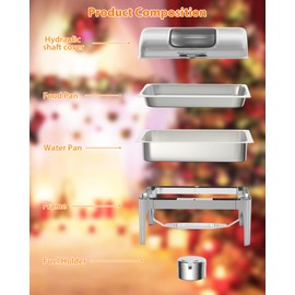 Roll Top Chafing Dish Buffet Set Rectangular, 9 QT Stainless Steel Catering Food Warmers with Glass Window for Wedding, Parties, Banquet, Events, Full Size, Silver