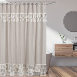 Sweet Jojo Designs Boho Bohemian Bathroom Fabric Bath Shower Curtain - Solid Taupe Beige Ivory Cream Off White Linen Farmhouse Shabby Chic Designer Modern Minimalist Tassel Macrame Cotton Neutral