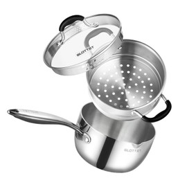 SLOTTET 3.5 Quart Stainless Steel Saucepan with Steamer, Tri-Ply Full Body Small Multipurpose Pot with Pour Spout,Strainer Glass Lid, 3 Qt Sauce Pan for Cooking with Stay-cool Handle.