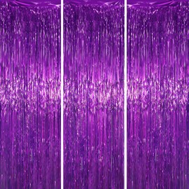 Voircoloria 3 Pack 3.3 x 6.6 ft Purple Foil Fringe Backdrop Curtains, Tinsel Streamers Party Decorations, Fringe Backdrop for Birthday, Baby Shower, Gender Reveal, Graduation