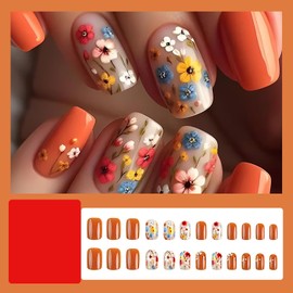 Orange Flower Press On Nails Short Square Fake Nails Acrylic Nails Press Ons Glossy Spring False Nails With Flower Designs Full Cover Glue On Nails Short Orange Stick On Nails For Women