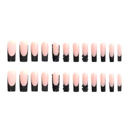 FORBELOVED NAILS|French Tip-Black Glitter Press On Nails|Long Square Stick On Nails|Glossy Full Covered Gems,Black Flower Bow False Nails For Women And Girls|12Sizes-24Pcs with Glue|(Nude-LS)|FOB