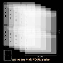 10 Pack A5 Size Plastic Binder Pockets,6 Holes Waterproof PVC Folders Loose Leaf Bag forBudgeting Loose Leaf Bags Planner Insert Pouches Photo,Document, Stamp & Die Storage Bills Organizer（4 Grid ）