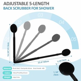 GEENOA Adjustable Silicone Back Scrubber for Shower, 16''- 24'' Extendable Shower Back Scrubber for Rich Foam, 5-Length Back Brush Bath Brush with Dual-Side Head and Super-Lathering Bristles(Black)