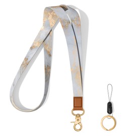 Hsxnam Neck Lanyard Key Chain, Long Lanyard Strap Keychain Holder for Women Men Car Keys ID Badges Card Wallet Phone Camera, White Gold Marble