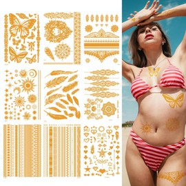 9 Sheets Gold Temporary Tattoos, Metallic Flash Waterproof Tattoo Stickers for Women and Adults, Mandala, Flower, Lace, Body Art Fake Tattoos for Festival Vacation