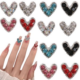 12 Pcs 3D Heart Nail Charms for Nails Valentine's Day Rhinestone Decals Love Crystal Nail 6 Color Diamonds Alloy Nail Art Jewelry Supplies Decor for Acrylic Nails for Women Girls Valentine's Day