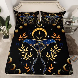 Gothic Moth Full Size Fitted Sheet,Bohemian Stars Moon Starry Galaxy Soft Luxury Bedding Set,Leaves Botanical Exotic Bed Cover All Round Elastic Pocket with 2 Pillowcases