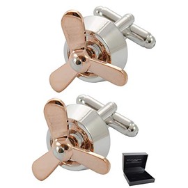 Cufflinks for Men Silver and Gold Colours - with Box - Moving Aircraft Propellers Plane - 18ct Gold Plated - Metal - One Pair