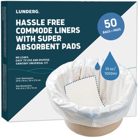 Lunderg Commode Liners with Absorbent Pads - Value Pack Medical Grade 50 Count Universal Fit - Disposable Bedside Commode Liners & Pads for Adult Chairs, Portable Potty Buckets & Camping Toilet Bags